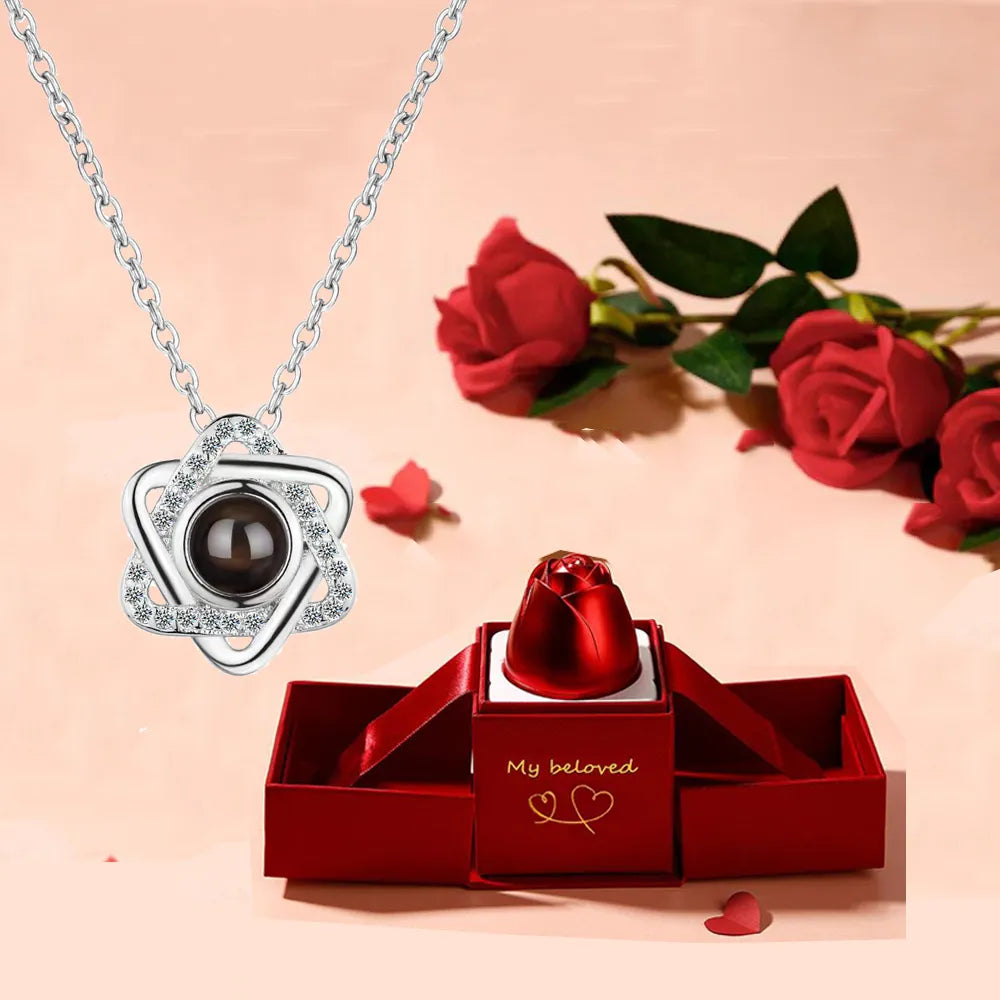 Projection Necklace With Luxury Rose Gift Box 100 Languages I Love You Star Heart Pendant 2023 New Romantic Gifts || Neoraid